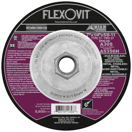 Flexovit HP Fast Grind Depressed Center Wheel, 7 in Dia x 1/4 in THK, A30S Grit, Aluminum Oxide Abrasive A5356H